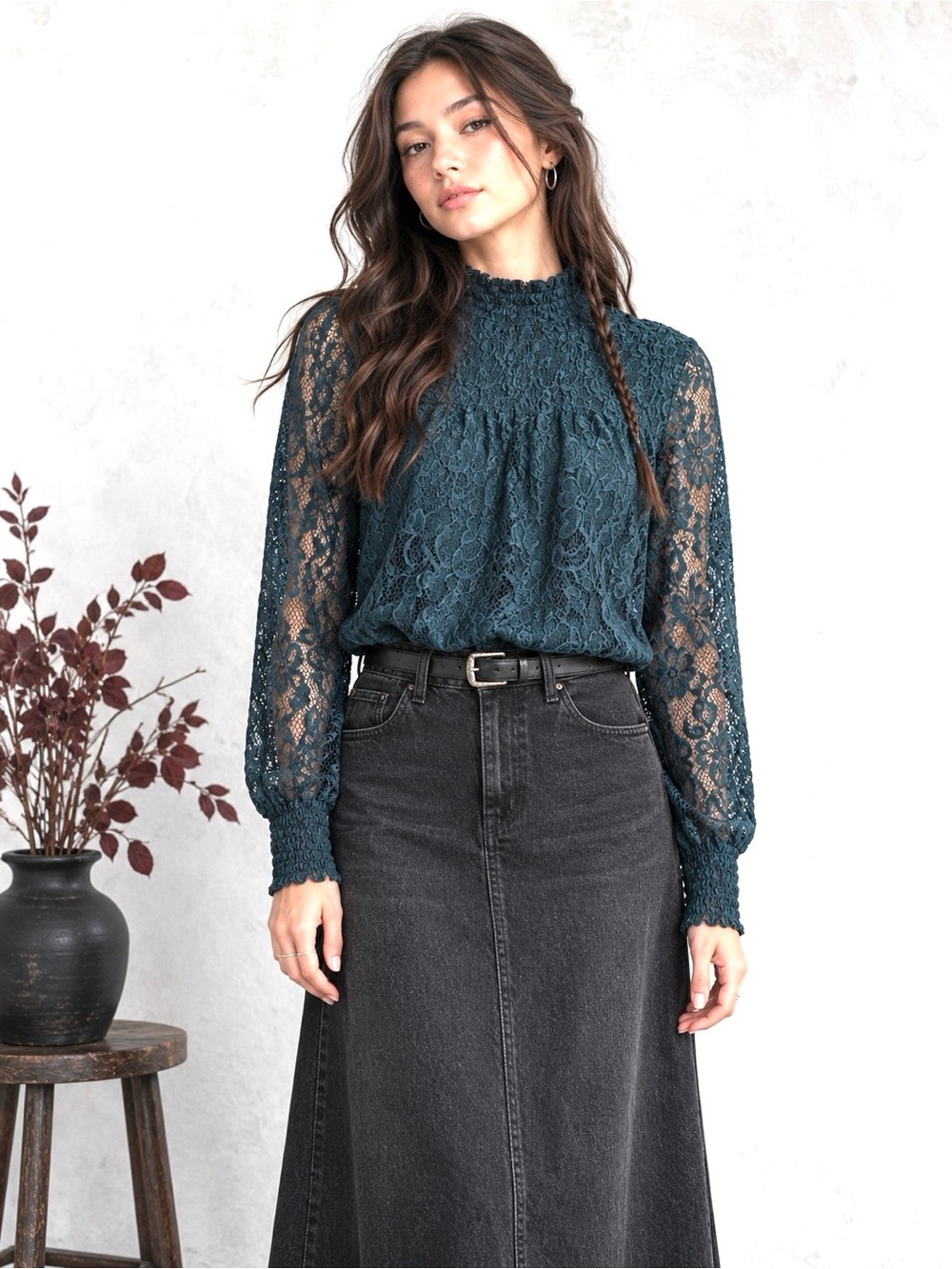 Dark Teal Lace High Neck Smocked Blouse Romantic Dark Prairie XL